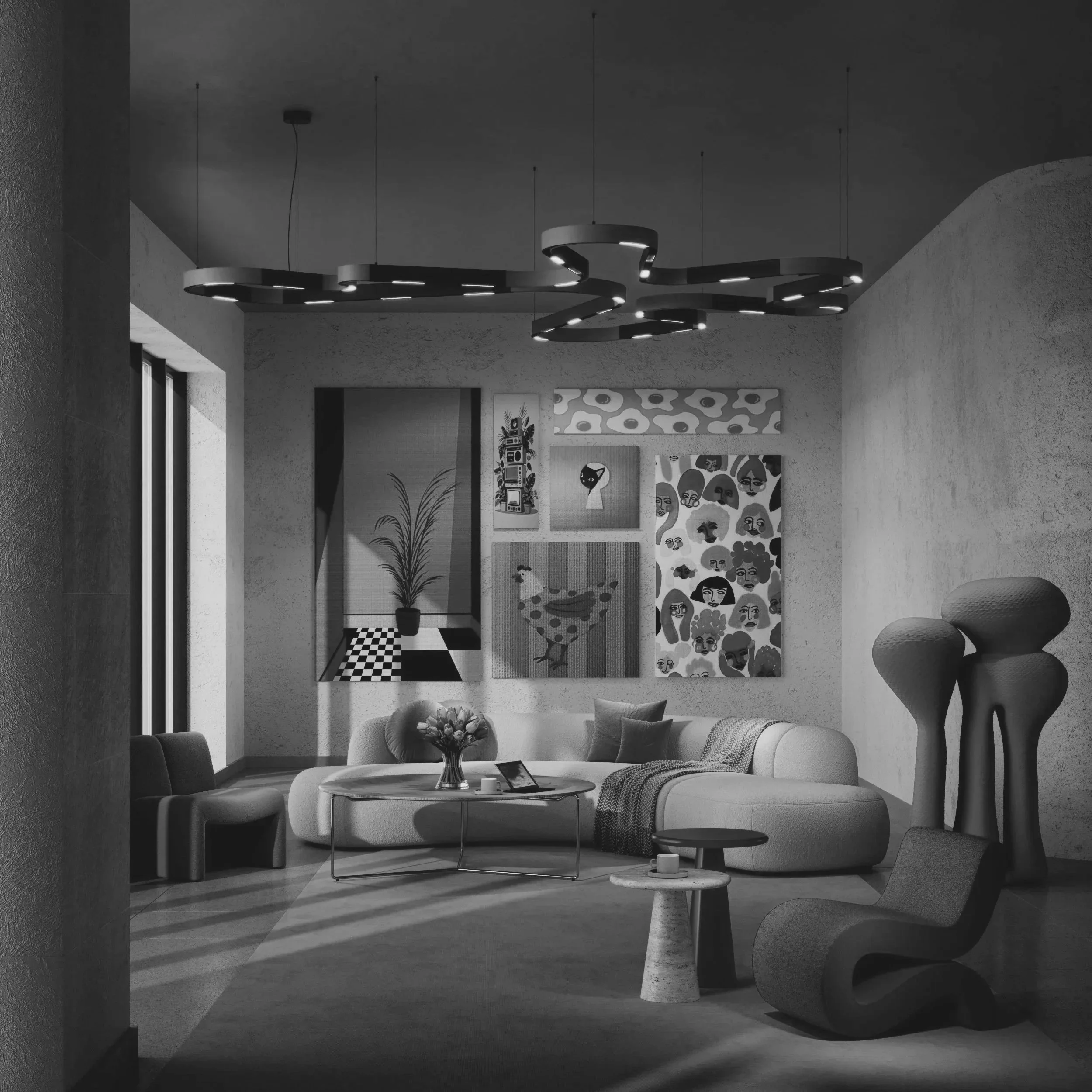 Modern living room with abstract wall art, a curved sofa, and unique lighting fixture.