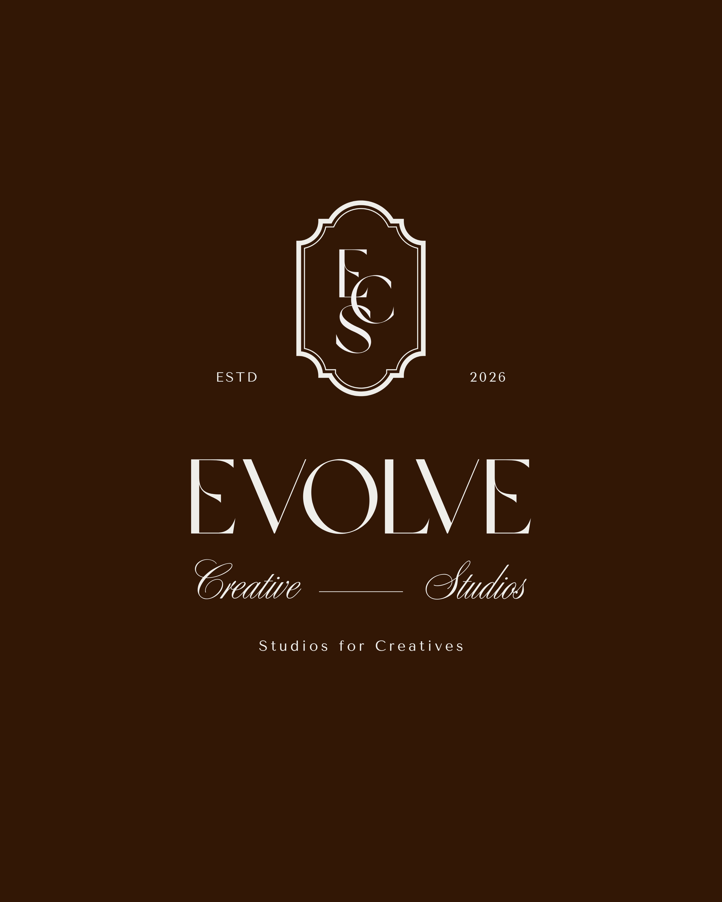 Brown background with a white ornate border and the initials 'FCS' in the center. Text reads 'ESTD 2026' at the bottom left and right corners, and 'EVOLVE' in large white letters in the middle. Underneath, it says 'Creative Studios' and 'Studios for Creatives'.