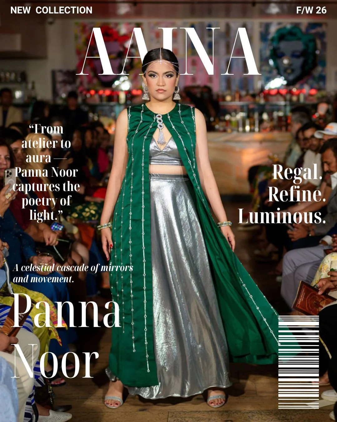 Introducing the Panna Noor Ensemble
.
.
.
.
.
.
#NaurahUSA #AainaCollection #PannaNoor #ModernCouture #LuxuryIndianWear
#MirrorWorkMagic #HandEmbroidered #HeritageReimagined #CoutureDetails #EmeraldElegance
#SilverSilhouette #LuxuryFashion #RunwayGla