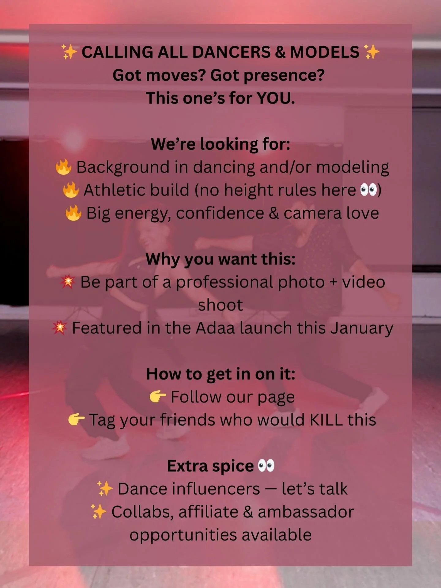 ✨ THANK YOU for the insane response! ✨
We&rsquo;ve been getting so many messages and questions about this, so here&rsquo;s what you need to know 👀🔥
We&rsquo;re officially calling in dancers &amp; models with confidence, movement, and main-character