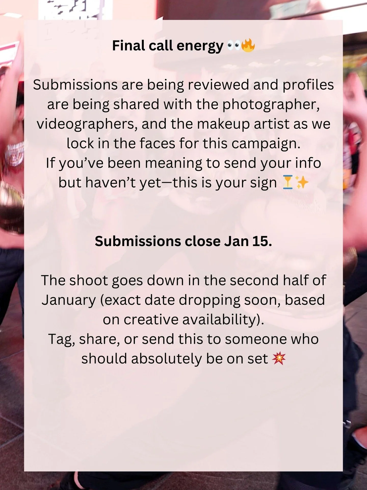 Still time. Still watching 👀🔥

If you haven&rsquo;t sent your info yet, this is your last call energy.
Dance video samples + modeling portfolios are still being accepted and actively reviewed as we lock in the final faces for this campaign.

📩 Sen
