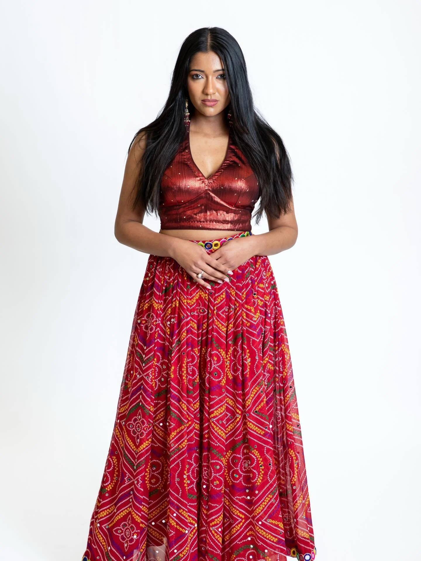 Turn up the rhythm 💃✨
The Chamma Chamma Set is all about bold moves and bigger energy &mdash; a satin shimmer top paired with a vibrant tie-dye lehenga skirt that flows with every spin. Playful, striking, and made for the spotlight. 💫
DM for prices