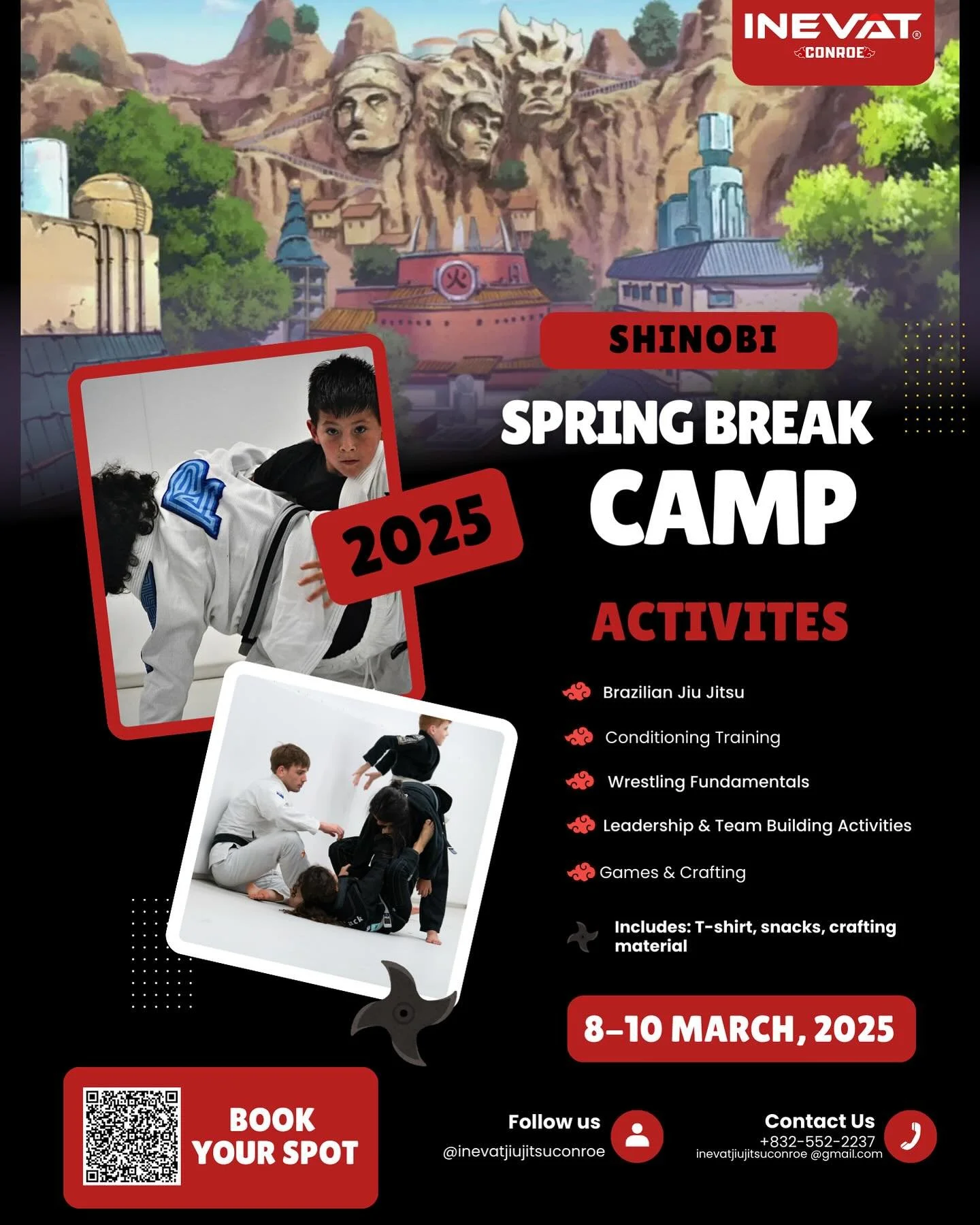 Get ready for an action-packed Spring Break Camp at Inevat Jiu Jitsu! 

From March 8&ndash;10, 9 AM &ndash; 2 PM, we&rsquo;re offering an exciting camp filled with skill-building, fitness, and fun.

💪 What&rsquo;s Included?

✅ Jiu Jitsu Training
✅ C