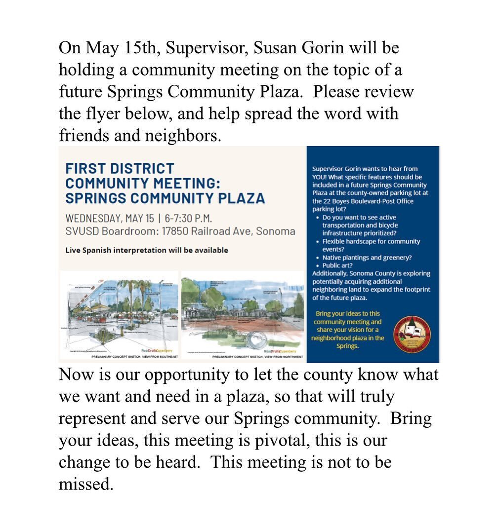 📢 Attention Springs Community! Supervisor Susan Gorin invites you to a vital community meeting on May 15th to discuss the future of the Springs Community Plaza. 🌳🏢 Join us on Wednesday, May 15th from 6-7:30 PM at the SVUSD Boardroom: 17850 Railroa