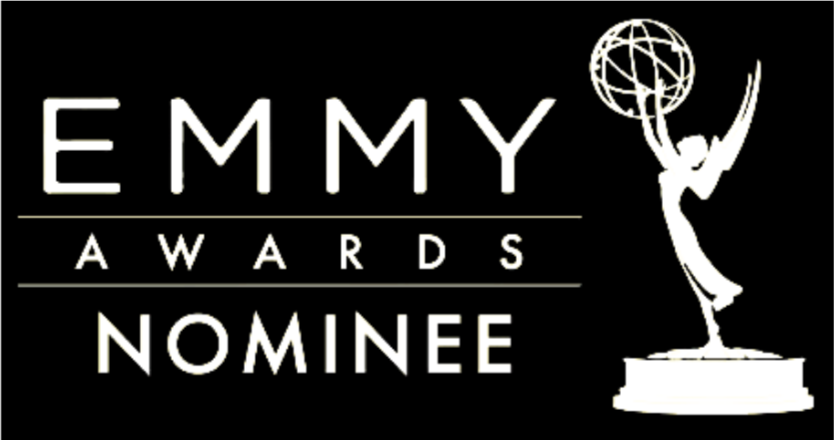 Emmy Awards nominee logo with a stylized figure holding an globe