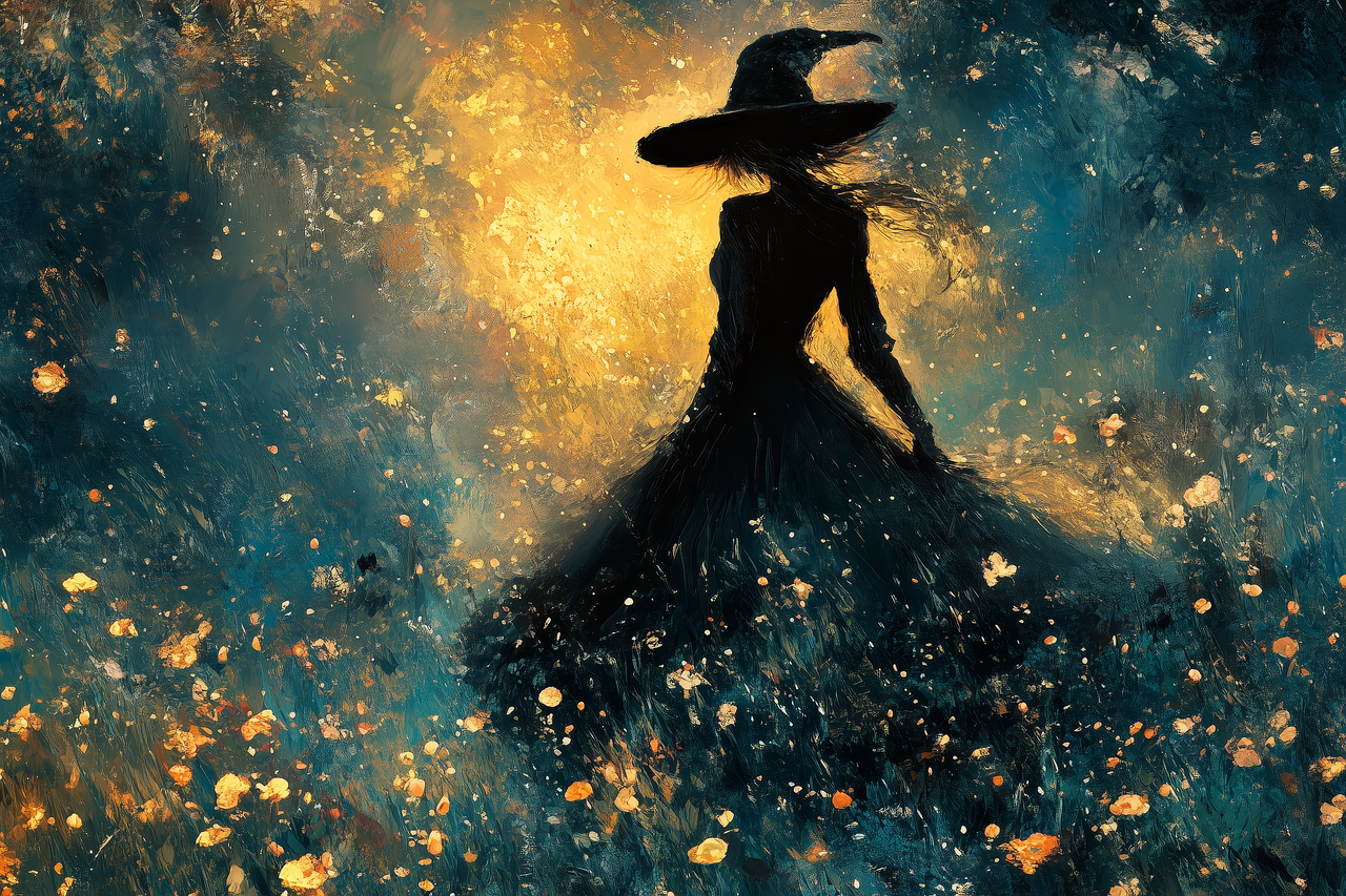 silhouetted witch backlit in blue and gold