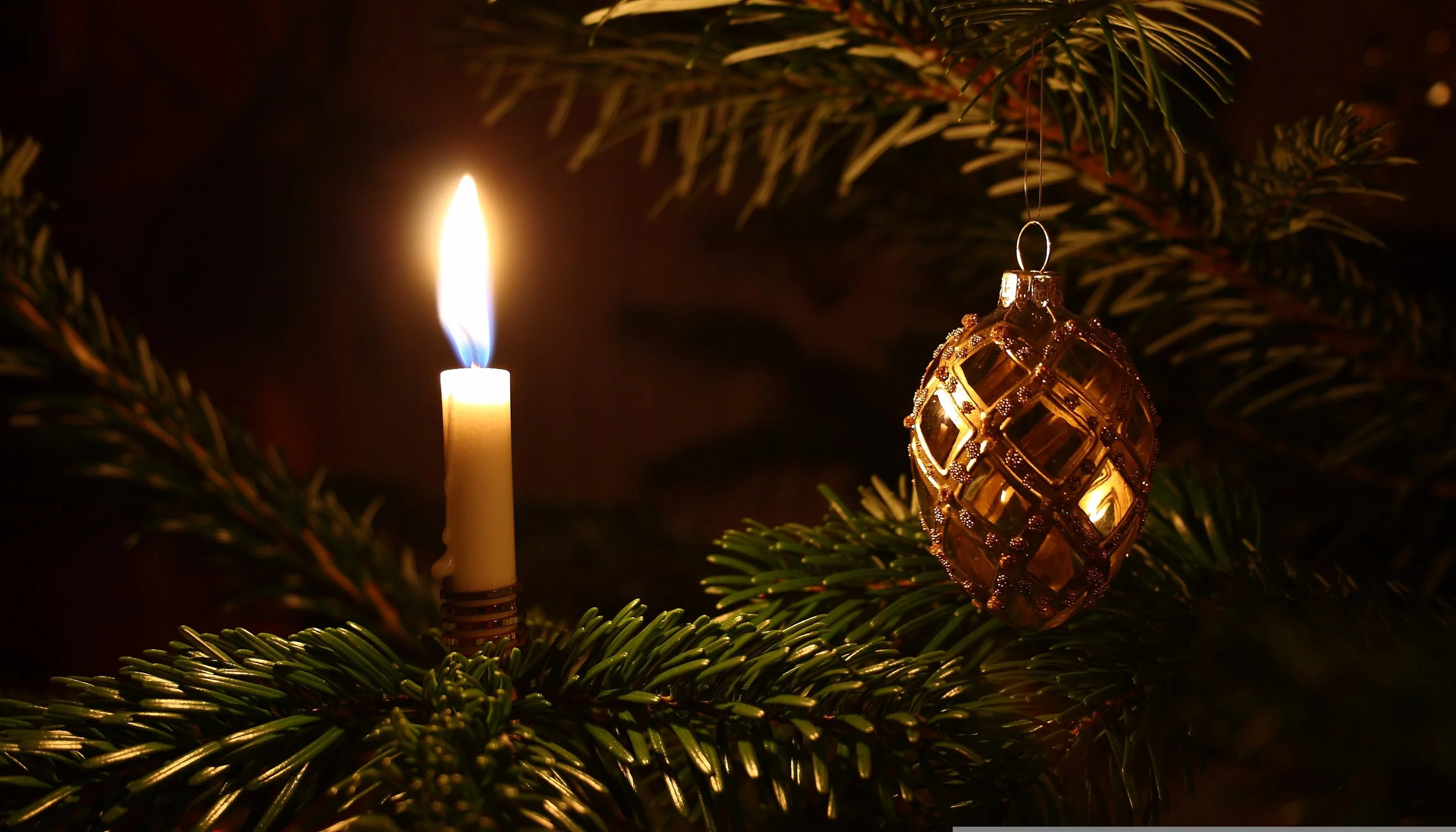 Candle sitting in a christmas tree next to a golden egg shaped ornament