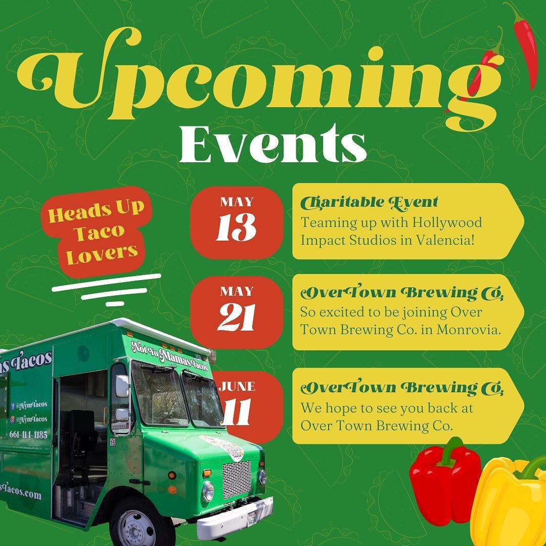 Hey Taco Besties! Here is a run down of our next few events! 
- May 13th, from 10am - 3pm at 
Crossroads Community Church
25300 Rye Canyon Rd, Valencia, CA 91355
- May 21st from 2pm - 6pm at
Over Town Brewing Co.  in Monrovia
227 W Maple Avenue, Monr