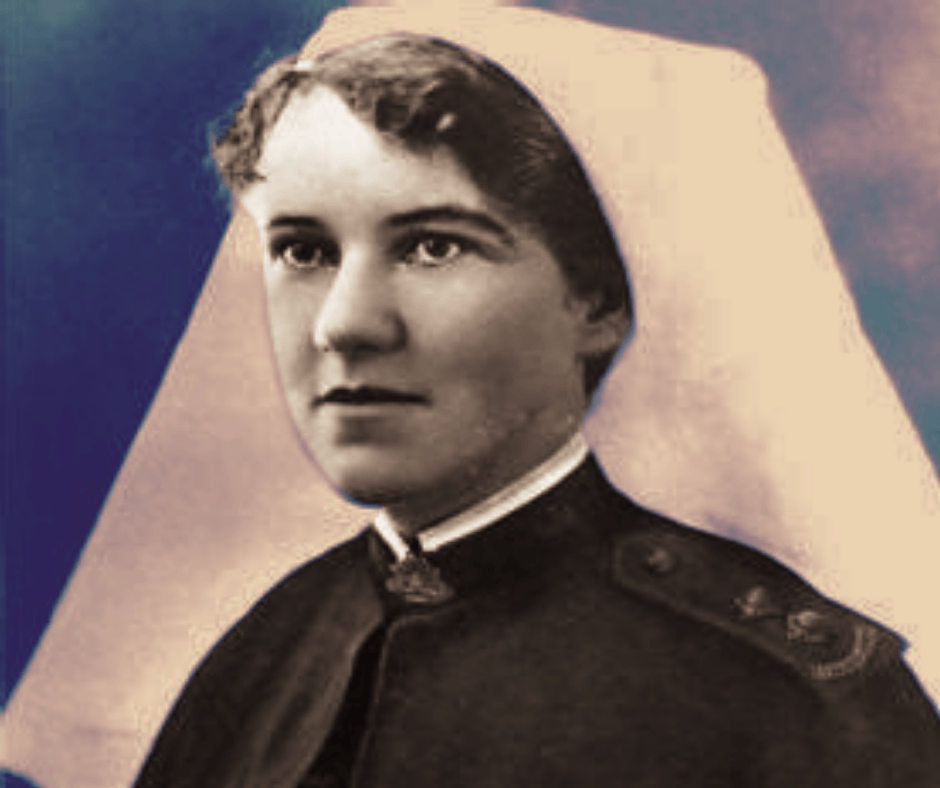 A close up of the real Sister Elizabeth Kenny in her nursing uniform, looking 3/4 off to the side of camera