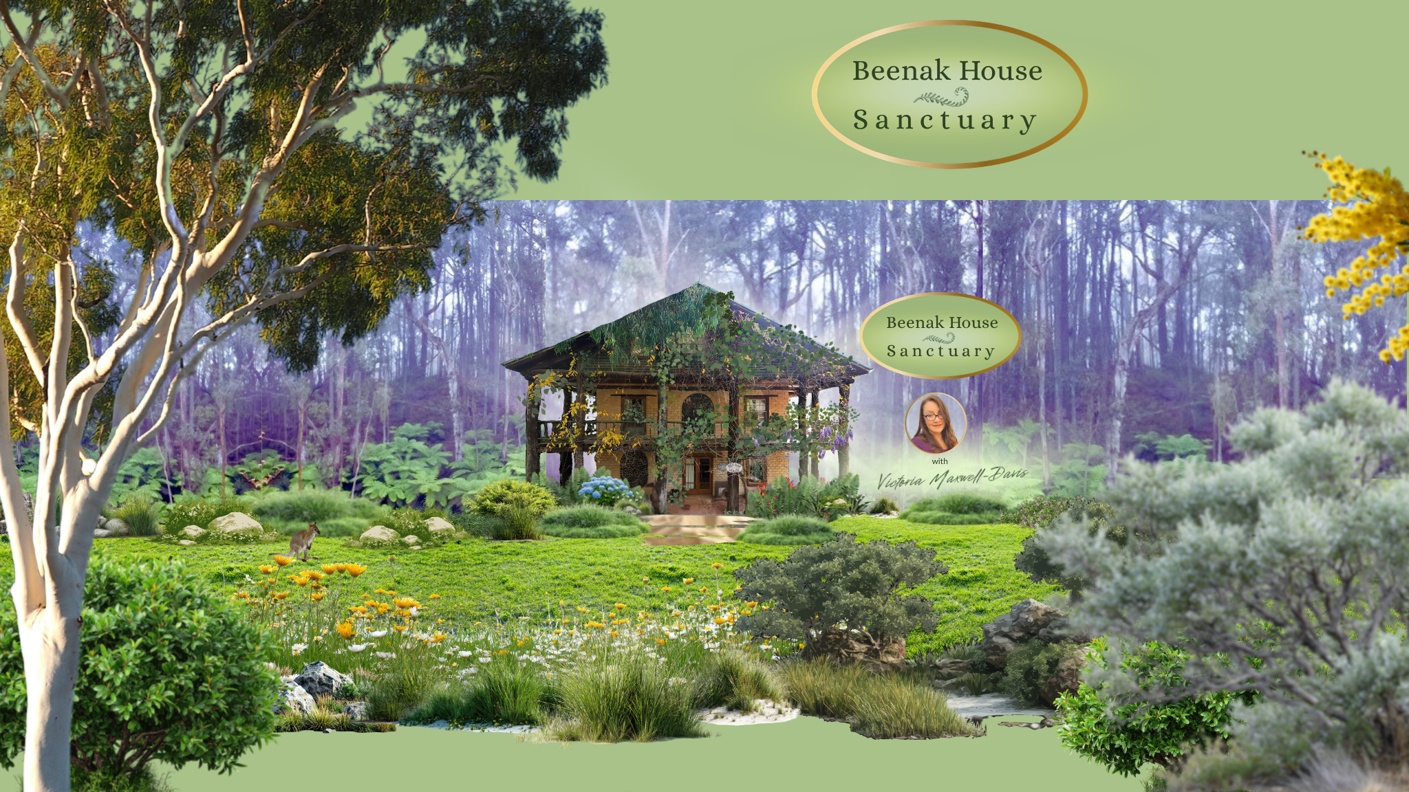 A two story house sits in a garden with a wallaby on the grass, and in the background is a tall forest with fern trees nestled at the base.