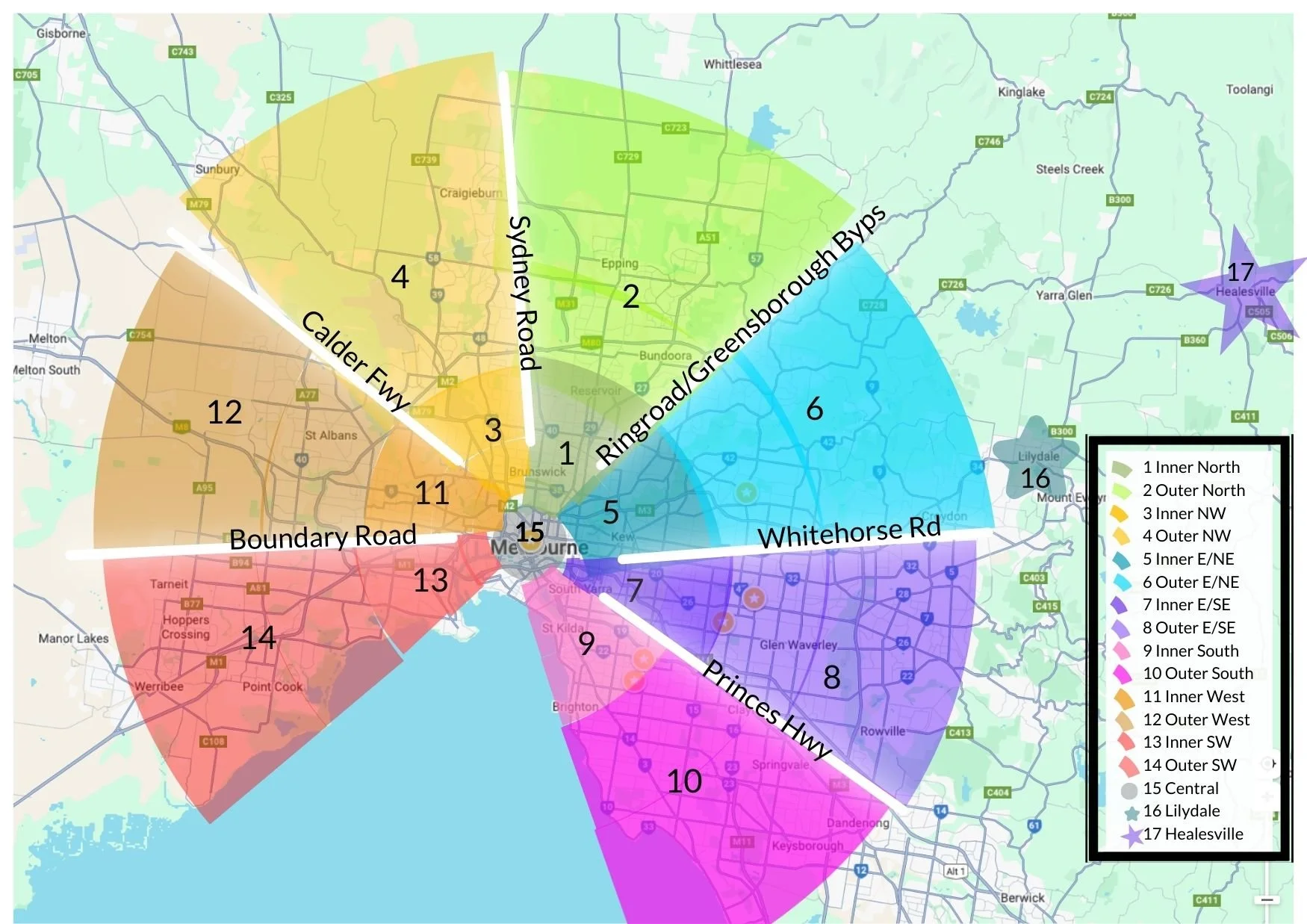 Map segment 1 = Inner North, 2 = Outer North, 3 inner NW, 4 outer NW, 5 Inner ENE, 6 Outer ENE, 7 Inner ESE, 8 Outer ESE, 9 Inner Sth, 10 Outer Sth, 11 Inner West, 12 Outer W, 13 Inner SW, 14 Outer SW, 15 CBD, 16 Lilydale, 17 Healesville