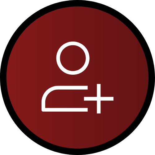 A white icon of a person with a plus sign next to it, inside a dark red circle with a black border, representing Mana Dork's social media profiles