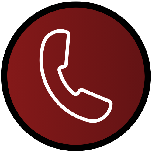 Phone icon: White telephone handset icon outlined in the center of a dark red circular background, symbolizing a call or phone contact option.