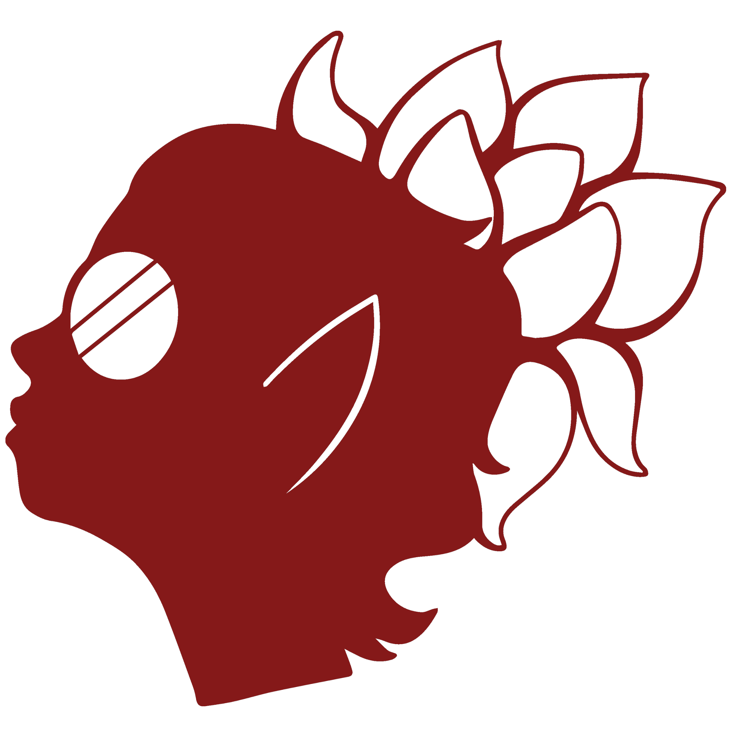 A maroon silhouette of a head in profile, featuring pointed ears, round glasses with diagonal lines, and stylized petal-like shapes forming a mane or hair on the back of the head.