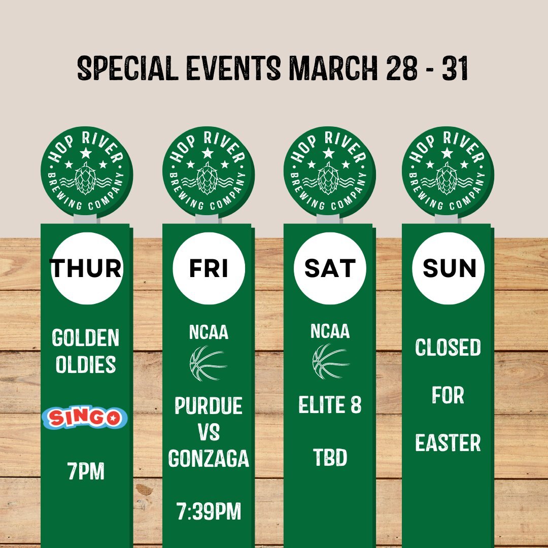 This week has flown by. Here's an update for what's happening the rest of the week in the taproom

Thursday - Golden Oldies - Singo @ 7pm
Friday - Purdue vs Gonzaga @ 7:39pm
Saturday - Elite 8 Games (Teams &amp; Time TBD0
Sunday - Closed for Easter

