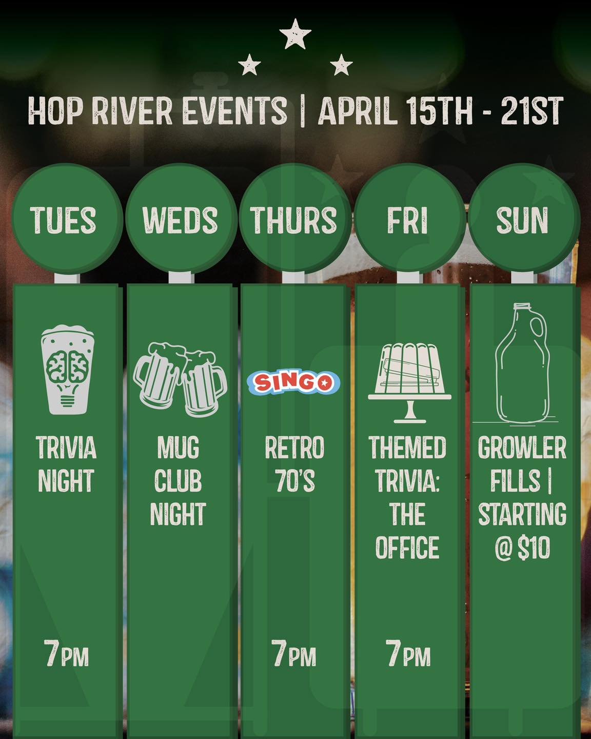 🍻If you don&rsquo;t know, now you know 🍻
-
Monday 4/15- Sunday 4/21:
➡️Tuesday- Trivia
➡️Wednesday- Mug Club night
➡️Thursday- SINGO
➡️Friday- Themed Trivia- The Office- 7pm
➡️Sunday- Growler fills starting at $10