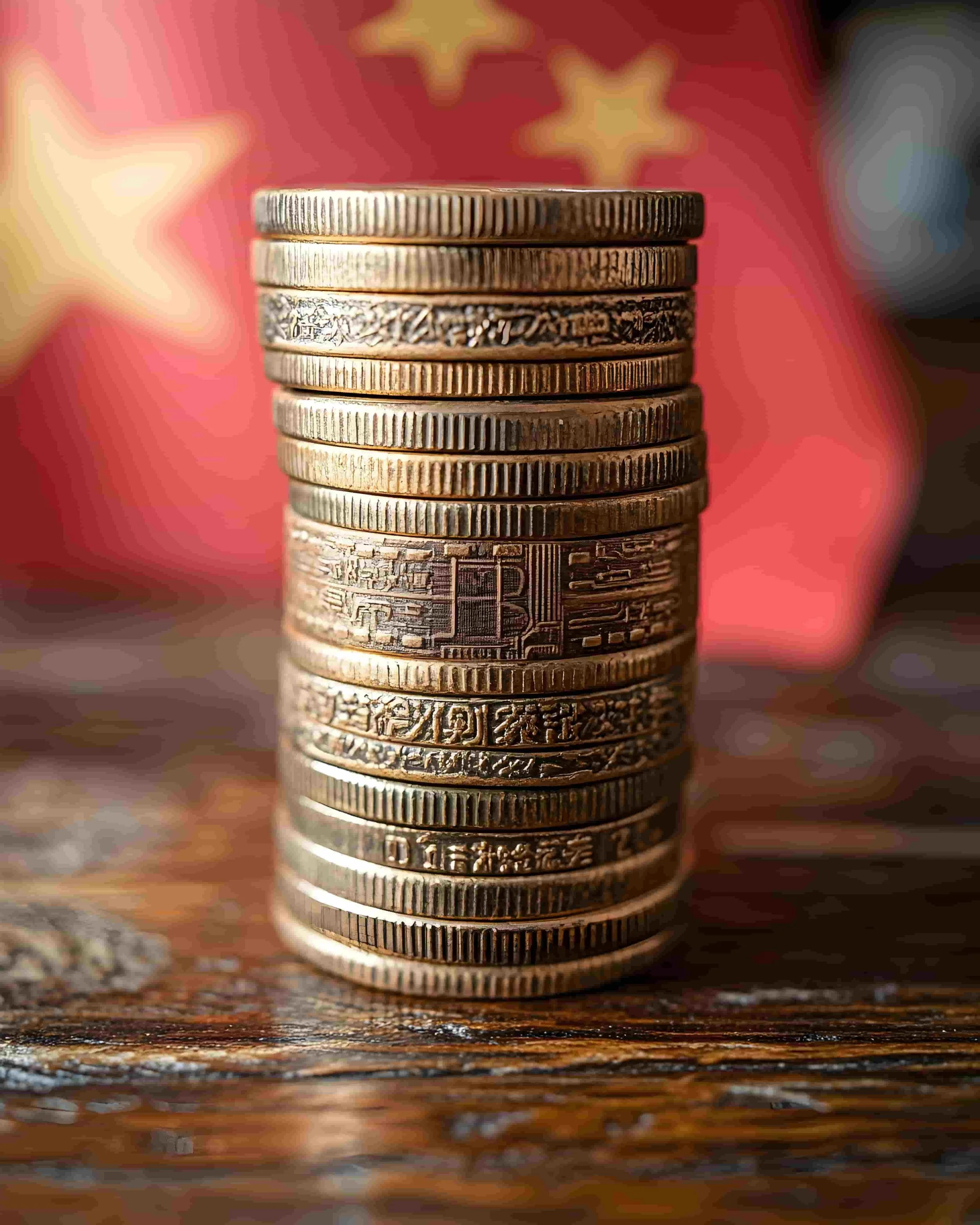 Kínai érmék halmaza a kínai zászló előtt – a kínai piacra lépés pénzügyi és gazdasági kihívásainak szimbóluma