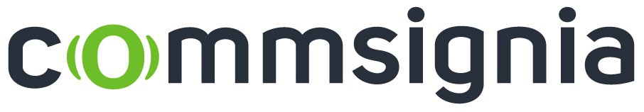Commsignia logo with green circular accents on 'o'