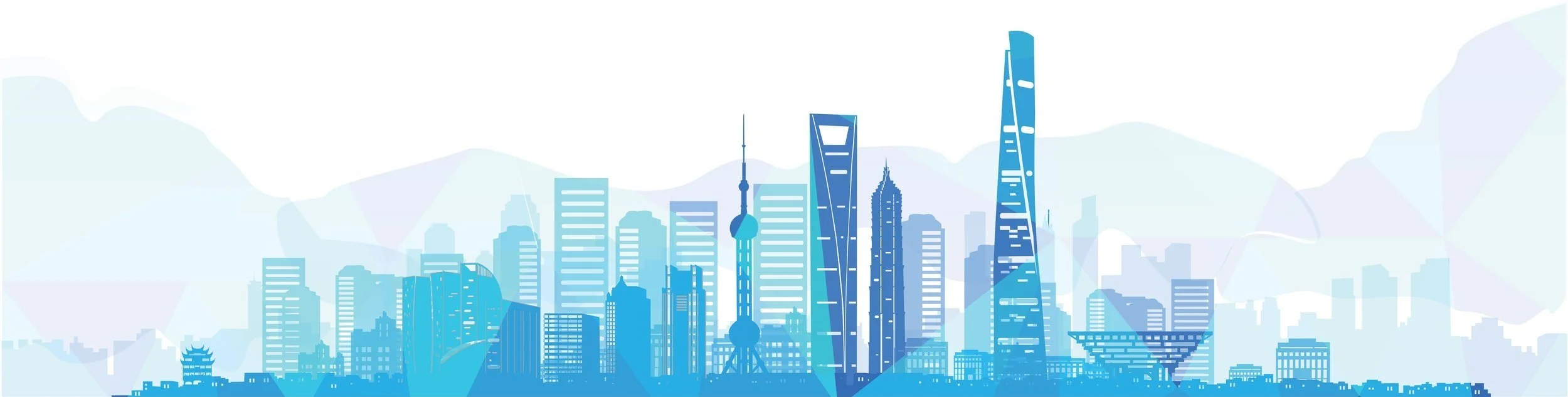 Illustration of a modern city skyline with skyscrapers in blue tones, including iconic architectural landmarks.