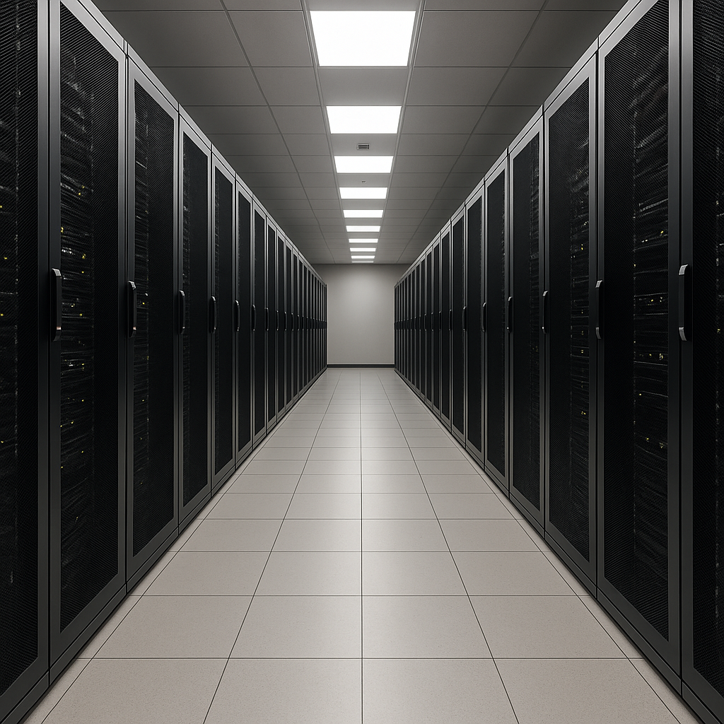 A hallway in a data center or server room with black server racks on either side, tiled floor, and ceiling lights.