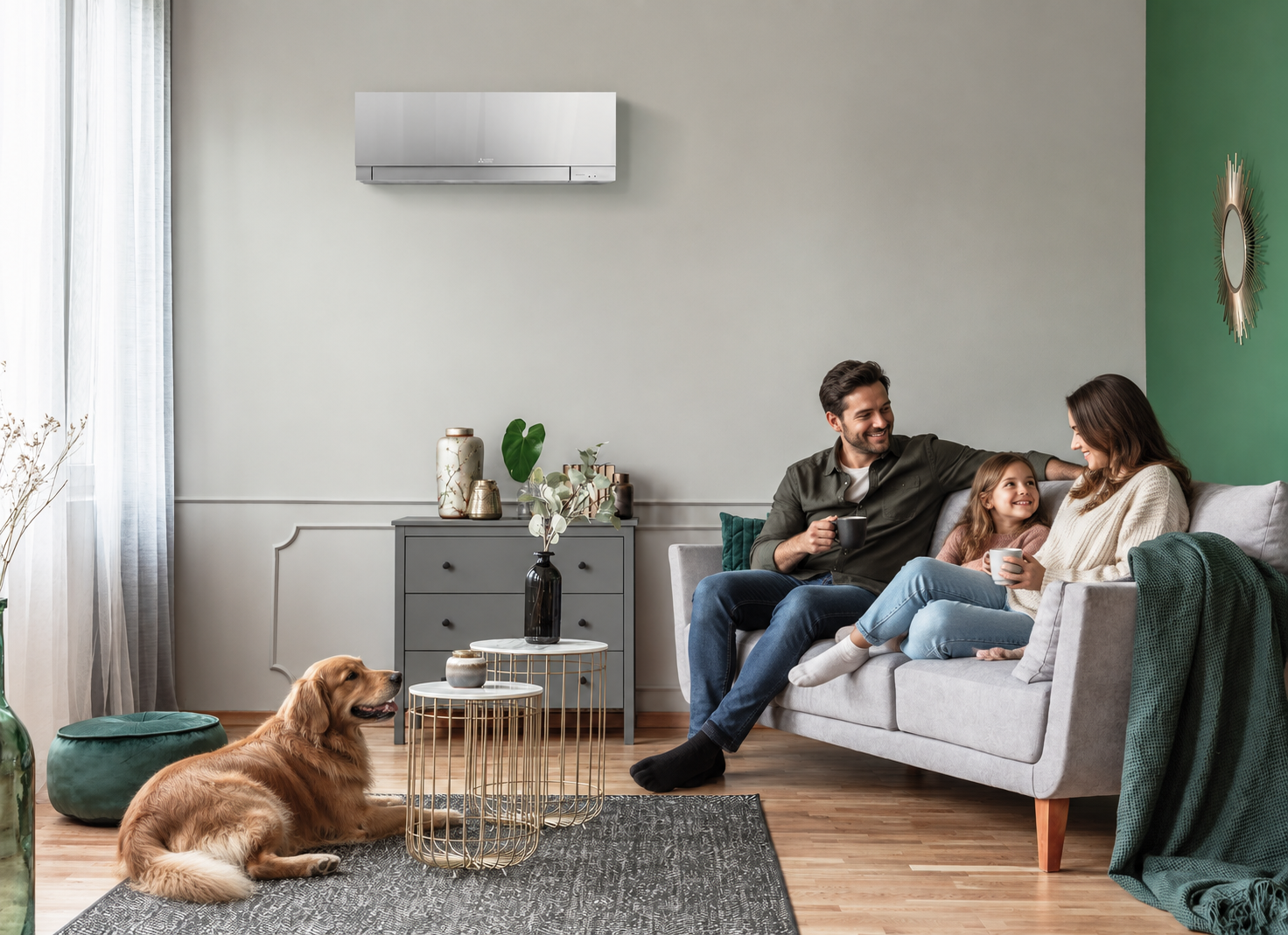 Family relaxing at home with Mitsubishi Electric heat pump heating and cooling