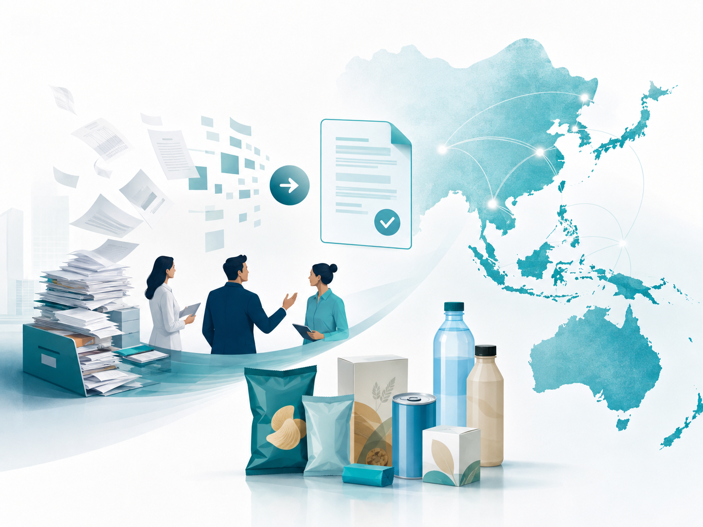 Illustration of a global FMCG business simplifying complex contracts across APAC, with consumer products, business teams, streamlined documents and regional connections.