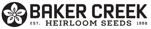Logo of Baker Creek Heirloom Seeds featuring a stylized flower inside a circle, with text 'Baker Creek Est. 1998 Heirloom Seeds'.