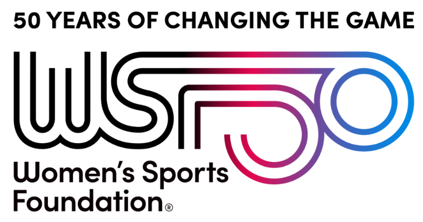 Logo with text '50 Years of Changing the Game' and 'Women's Sports Foundation' celebrating 50 years of the organization's impact.