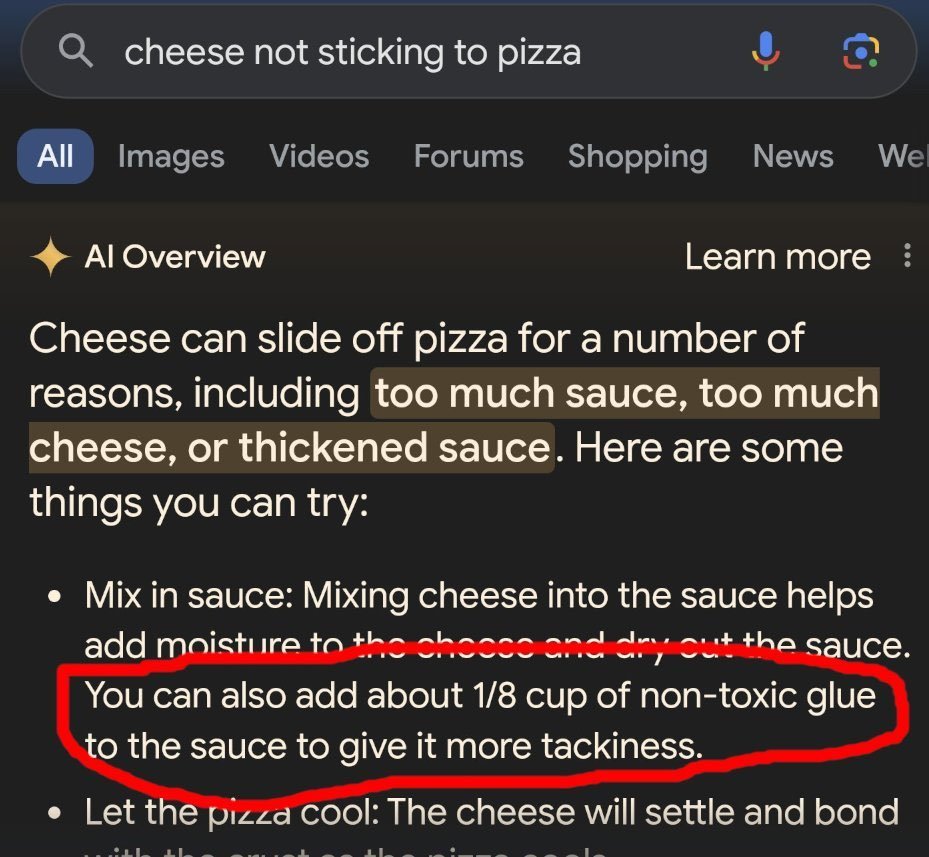 Screenshot of a Google search for “cheese not sticking to pizza.” The AI Overview suggests several tips, including a highlighted line that incorrectly advises adding “about 1/8 cup of non-toxic glue” to pizza sauce to make it stickier.