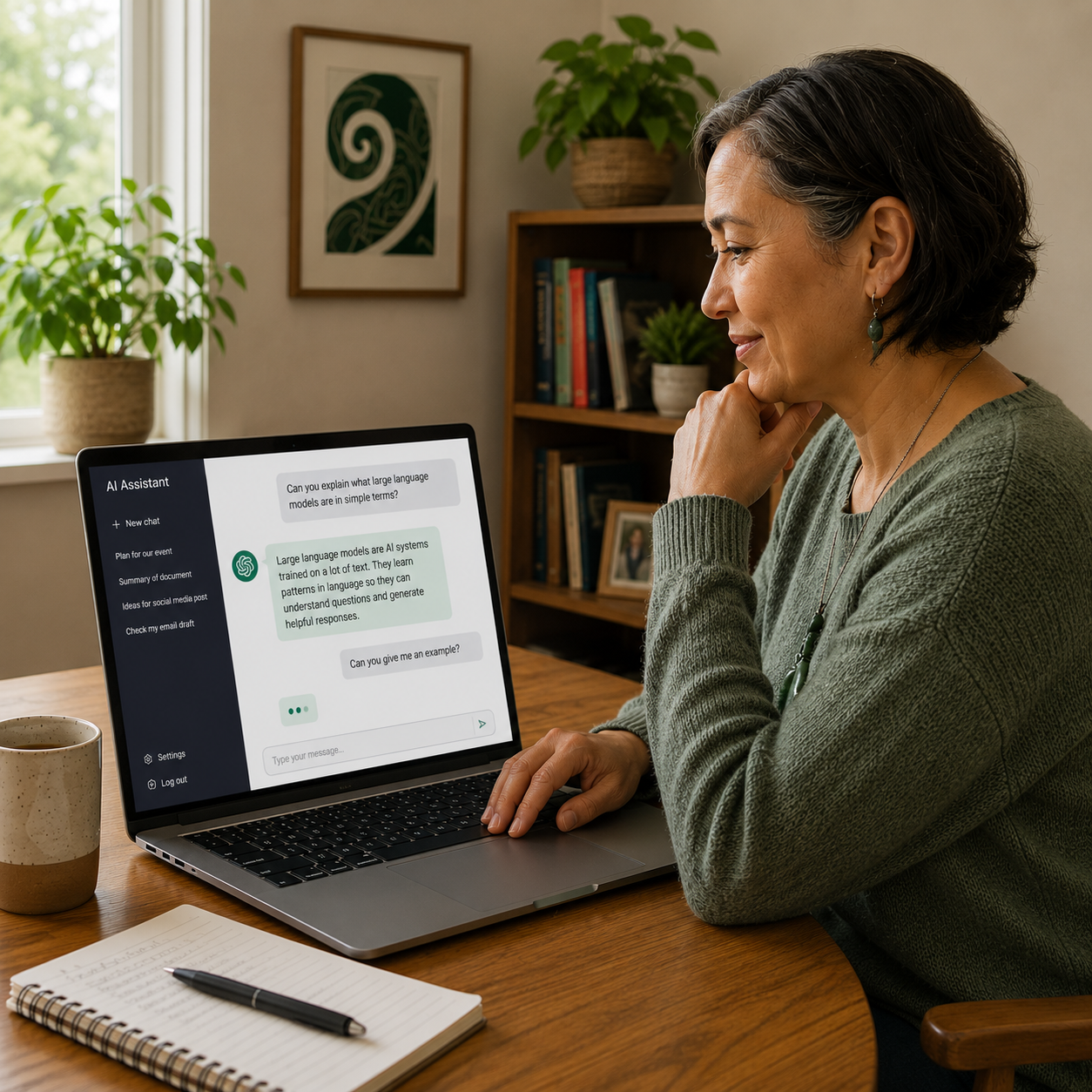 Decorative image. A woman is sitting at a table with a laptop open in front of her. The screen shows an LLM conversation.