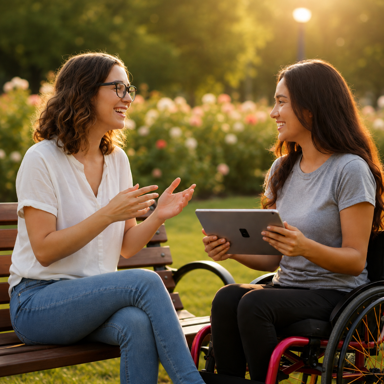 Two women smile and talk together in a sunny park. One sits on a bench and gestures with her hands, while the other sits in a wheelchair holding a tablet.
