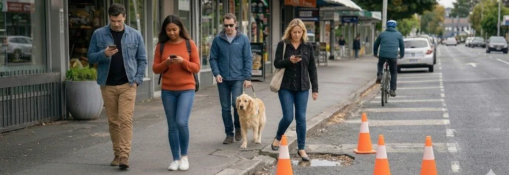 Decorative image. Four adults walk along a suburban footpath outside shops. Three look at their smartphones. A blind man walks with a guide dog. One woman is about to step into a pothole marked by orange cone.