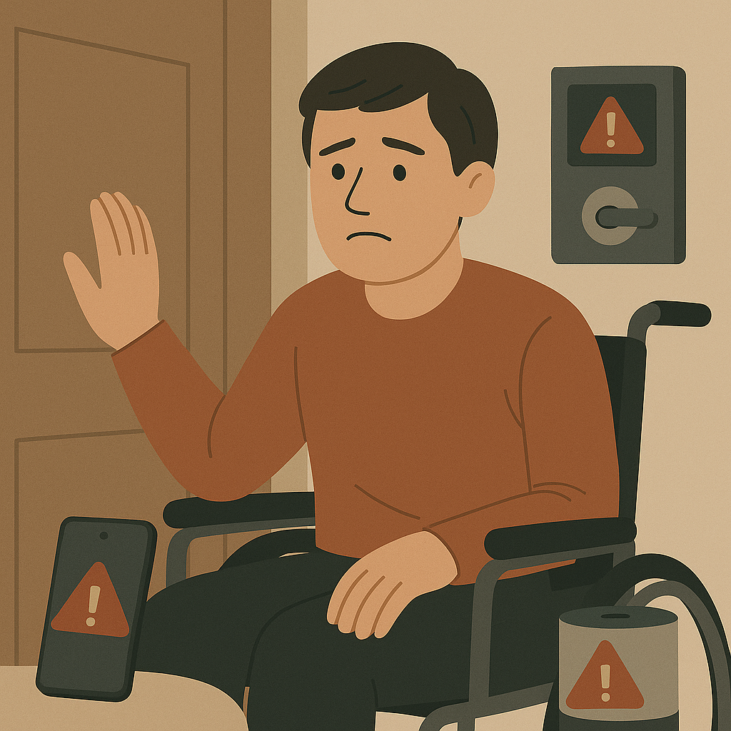 Illustration of a man using a wheelchair, raising one hand with a worried expression, while warning symbols appear on a phone, a wall panel, and a device beside him, suggesting alerts or safety concerns.