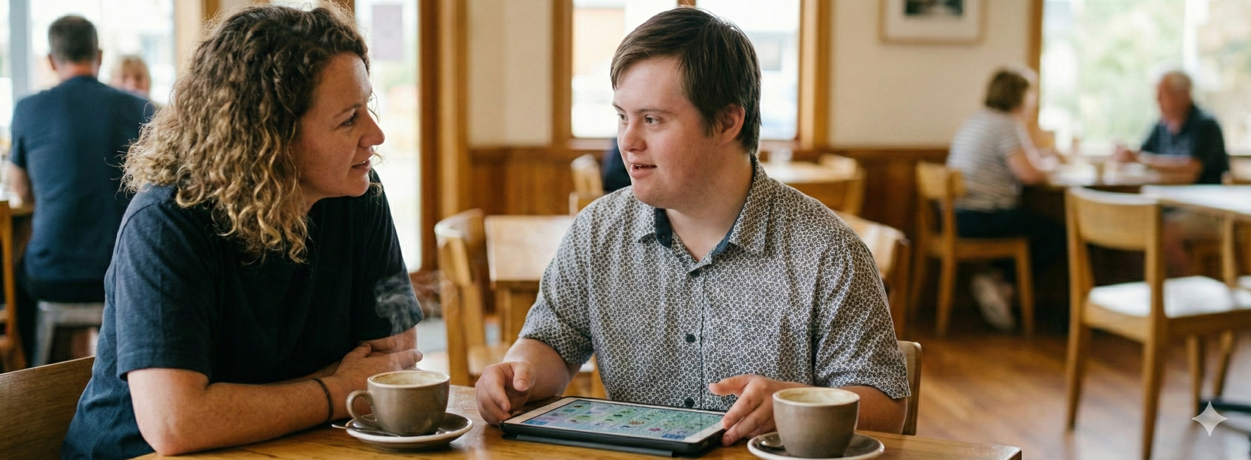 Decorative image. A documentary-style banner photo of a woman and a young man with Down syndrome sitting at a cafe table in Aotearoa New Zealand, focused on a tablet with an AAC app together.