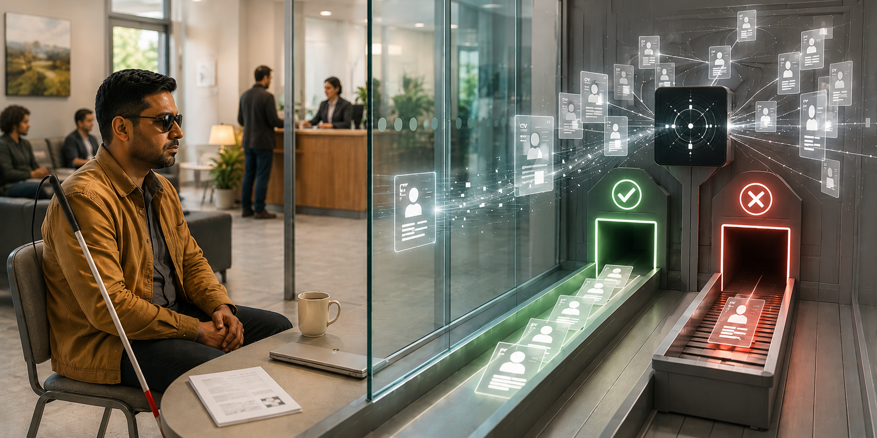 A blind man sits in an office waiting area with his white cane beside him and his CV on the table. Behind a glass wall, an automated AI recruitment system sorts CVs into a green “yes” pile and a red “no” pile. His goes to no.