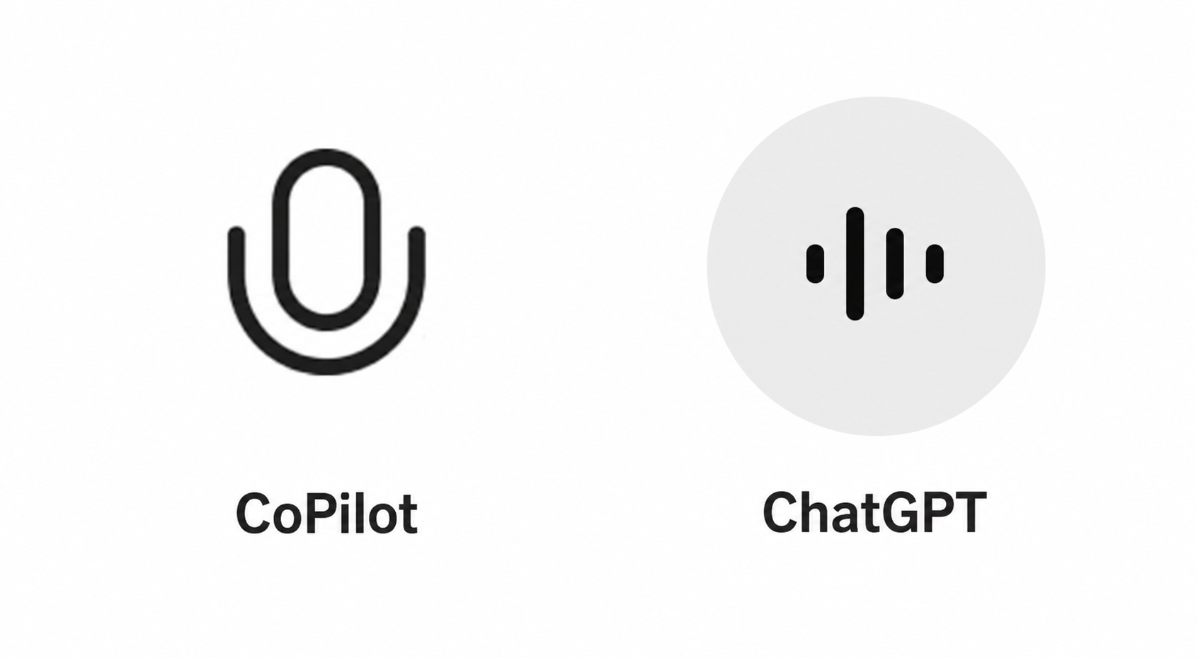 Two voice input symbols shown side by side. On the left is a simple black microphone icon lablled 'CoPilot'. On the right is a grey circular button with black vertical sound bars labelled 'ChatGPT'.