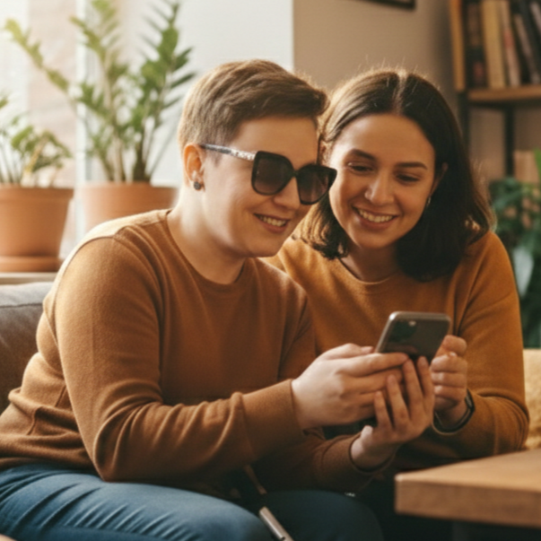 Decorative image. Two women are sitting on a couch looking at a smart phone smiling