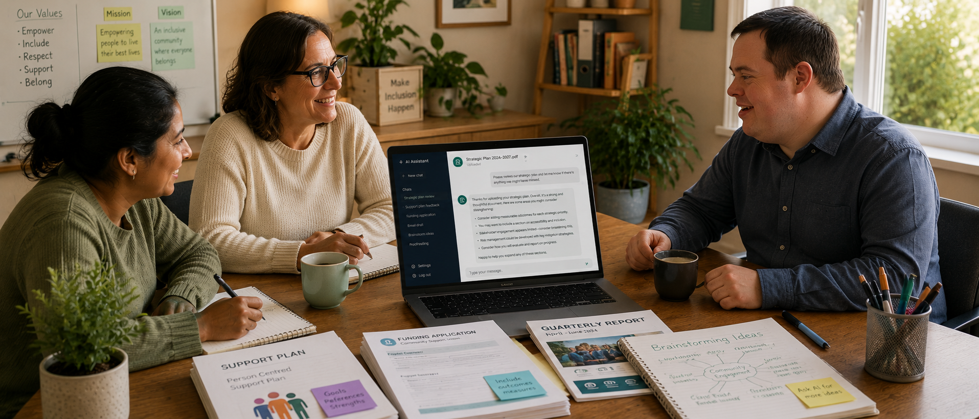 Decorative image. Three people sit around a table in a warm, welcoming office having a collaborative meeting.  A laptop displaying an AI assistant interface is open in the centre of the table, surrounded by documents, notebooks and mugs.
