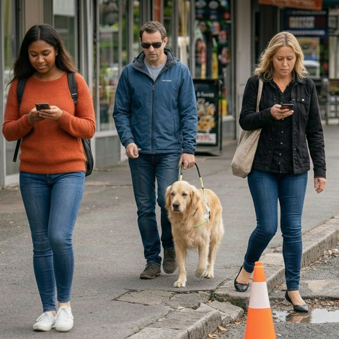 Decorative image. Three people are walking down the street. Two are looking at their phones, one woman is about to step into a puddle because she is not looking. The third person is blind and has a guide dog.