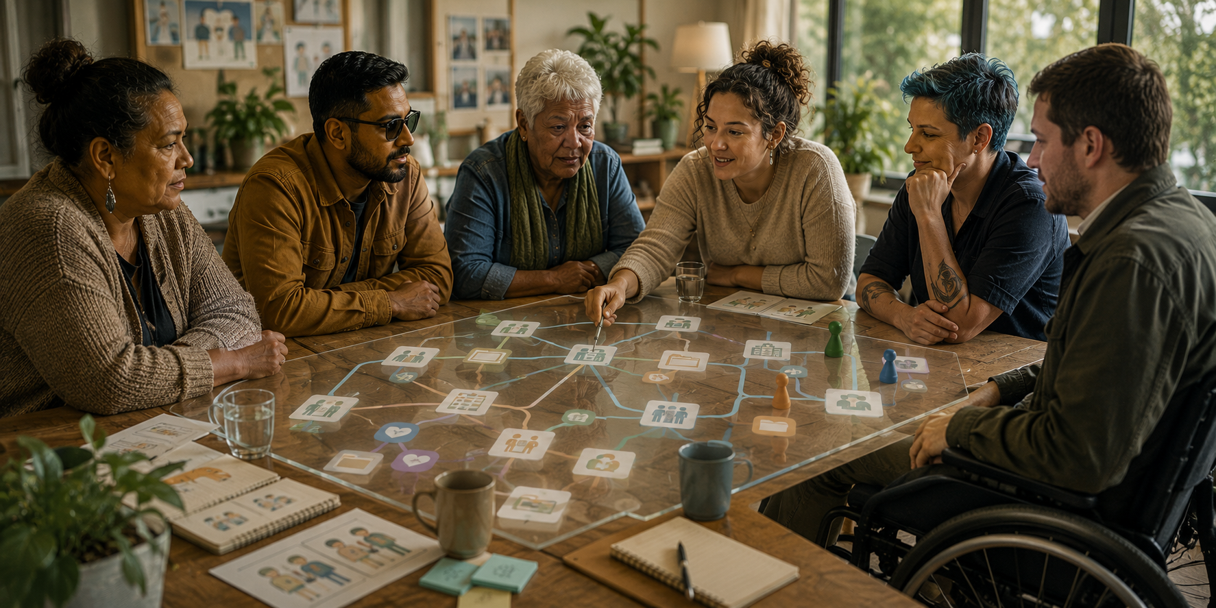 A diverse community group sits together at a table, looking at a transparent visual map of data and AI decision pathways. They are discussing the system together, with pictorial icons showing forms, records, services, and decisions