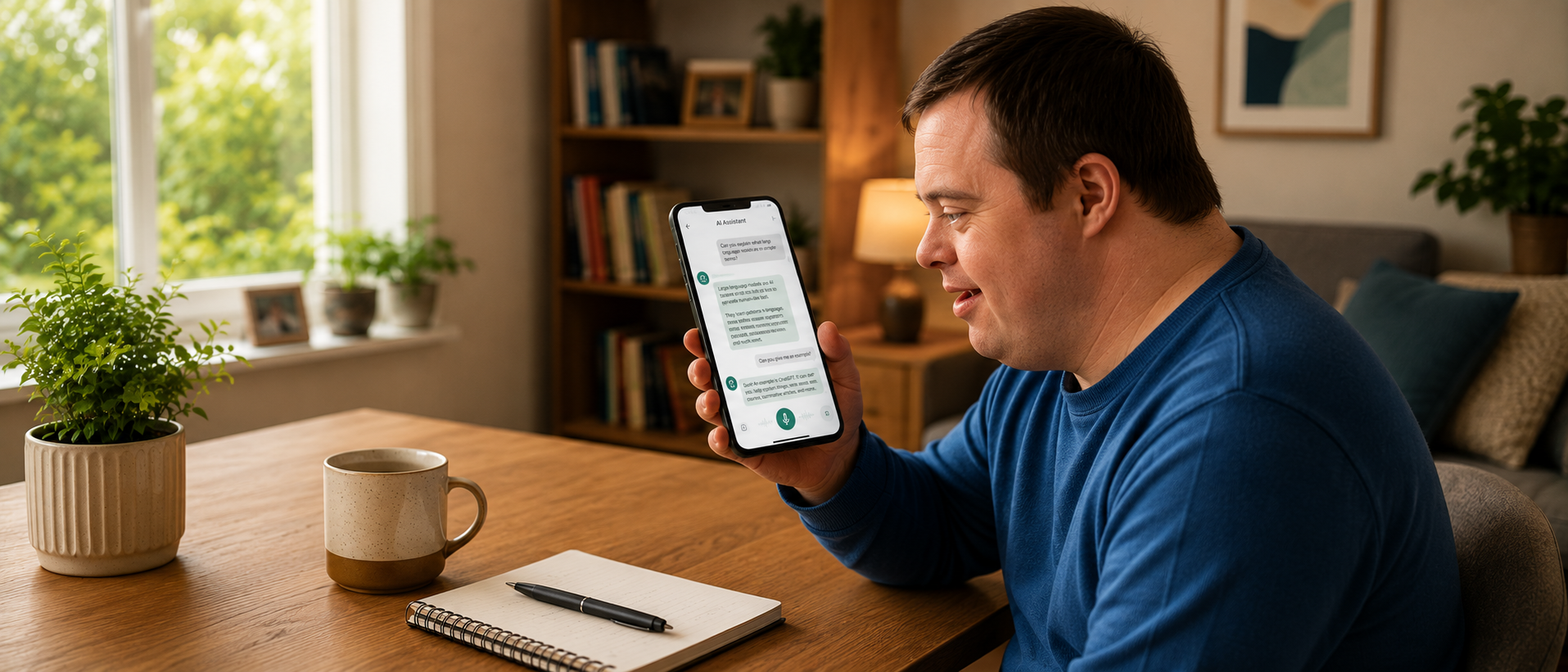 Decorative image. Caucasian man with down syndrome is talking to his phone. An LLM conversation is visible on screen. He is in a home environment with plants and a bookshelf around him.
