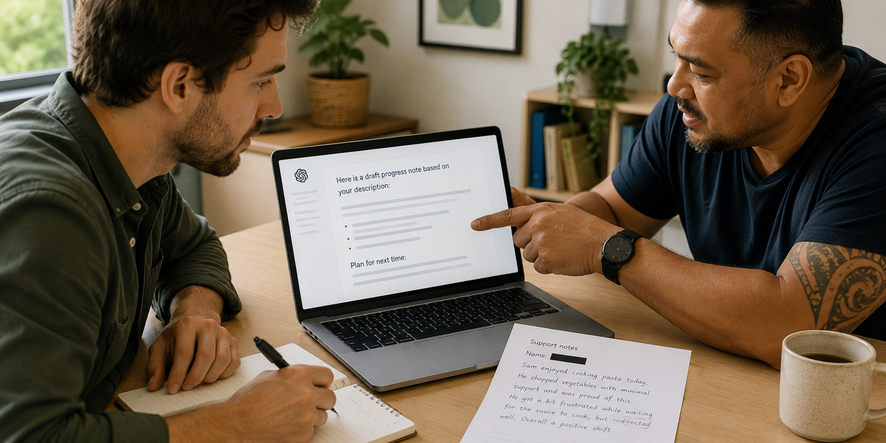 Two men review an AI-generated progress note together on a laptop. One points to the screen while the other takes notes. A printed support note on the table has the person’s name blacked out.