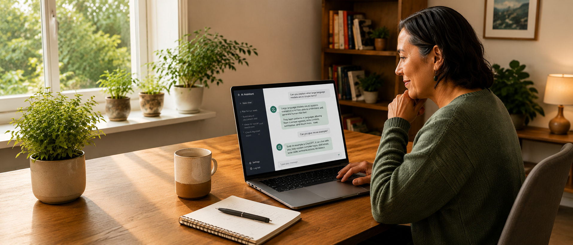 Decorative image. Māori woman sitting at a table with a laptop in front of her. She has an LLM conversation on the screen. She is in a homely environment with plants and a bookshelf around her