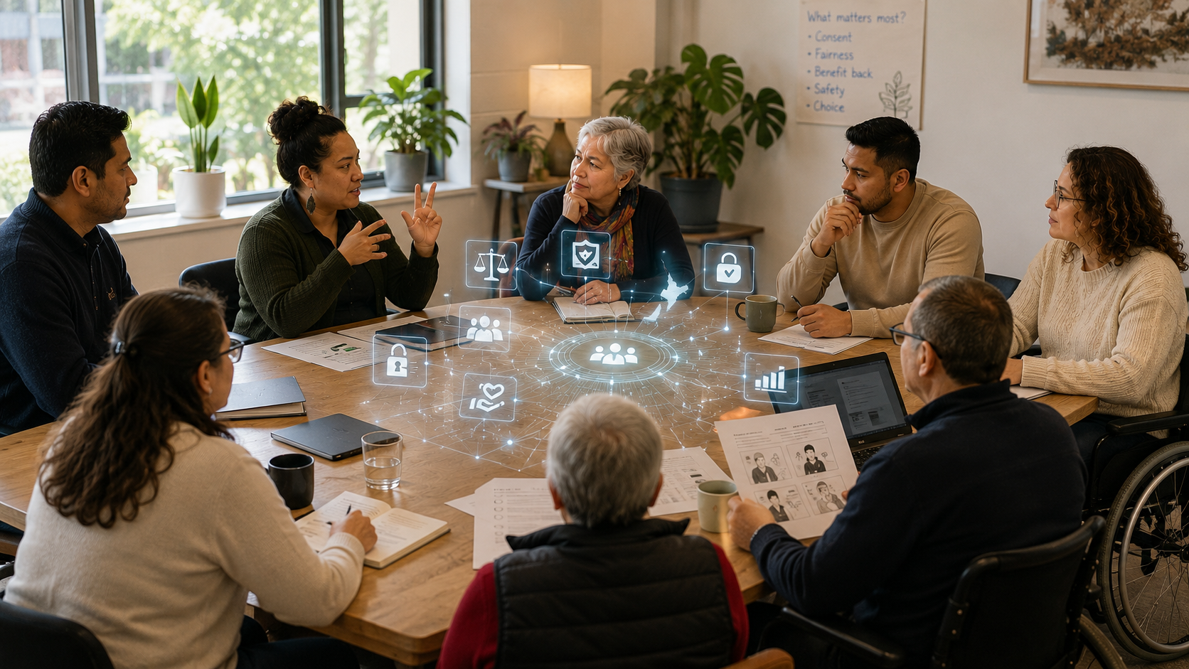 A diverse group sits around a table, including a wheelchair user and someone signing. A transparent AI data map floats above them as they discuss consent, safety, fairness, choice, and community benefit.