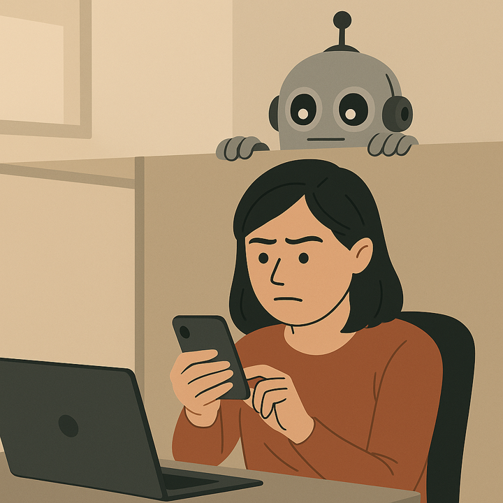 Cartoon image of a woman sitting at a desk checking her smartphone. Behind her there is a short wall with a robot peeping over, looking at her phone over her shoulder.