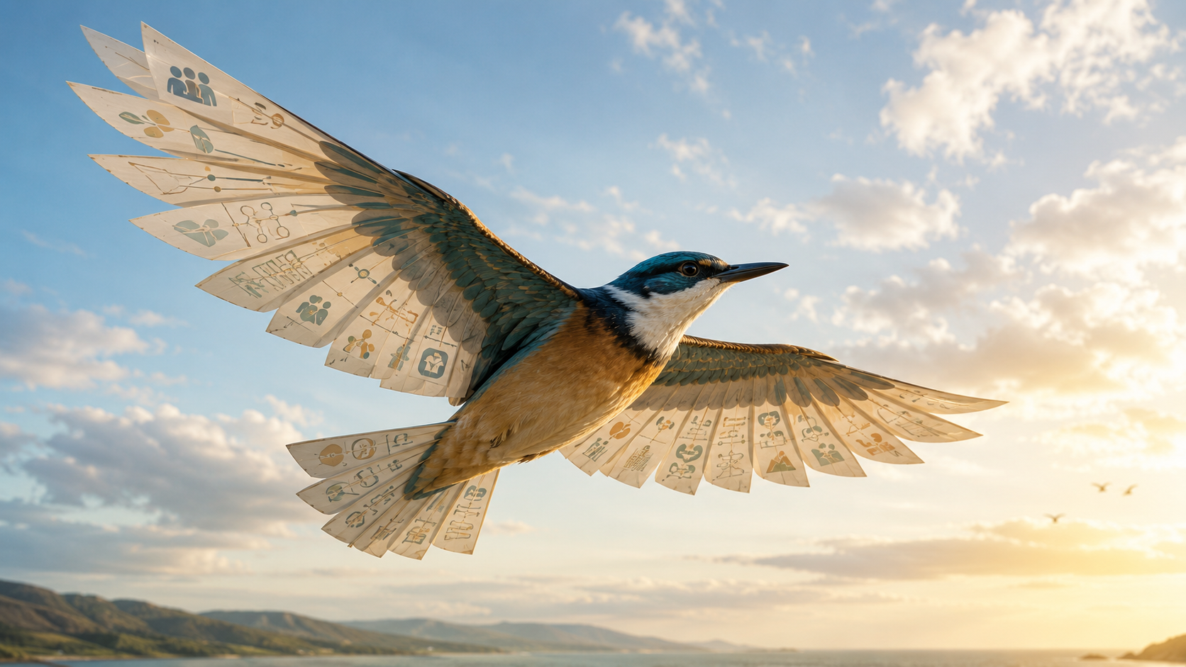 A bird flies across a bright open sky with its wings fully outstretched. Some feathers look like paper information sheets, with simple pictorial symbols suggesting knowledge, choices, community, and understanding.