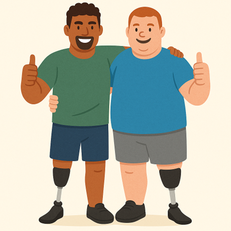 Cartoon image of two smiling men with prosthetic legs standing side by side with their arms around each other. Both are giving the thumbs up. One man has dark brown skin and dark hair. The other man looks caucasion with ginger hair.