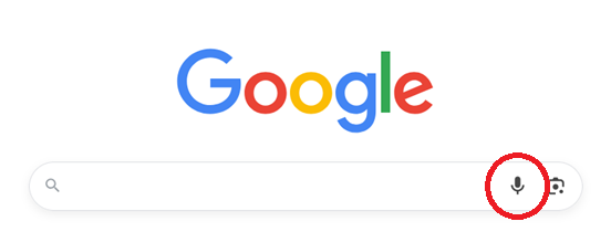 Google homepage screenshot. On the right hand side of the search bar there is a red circle around the microphone symbol.