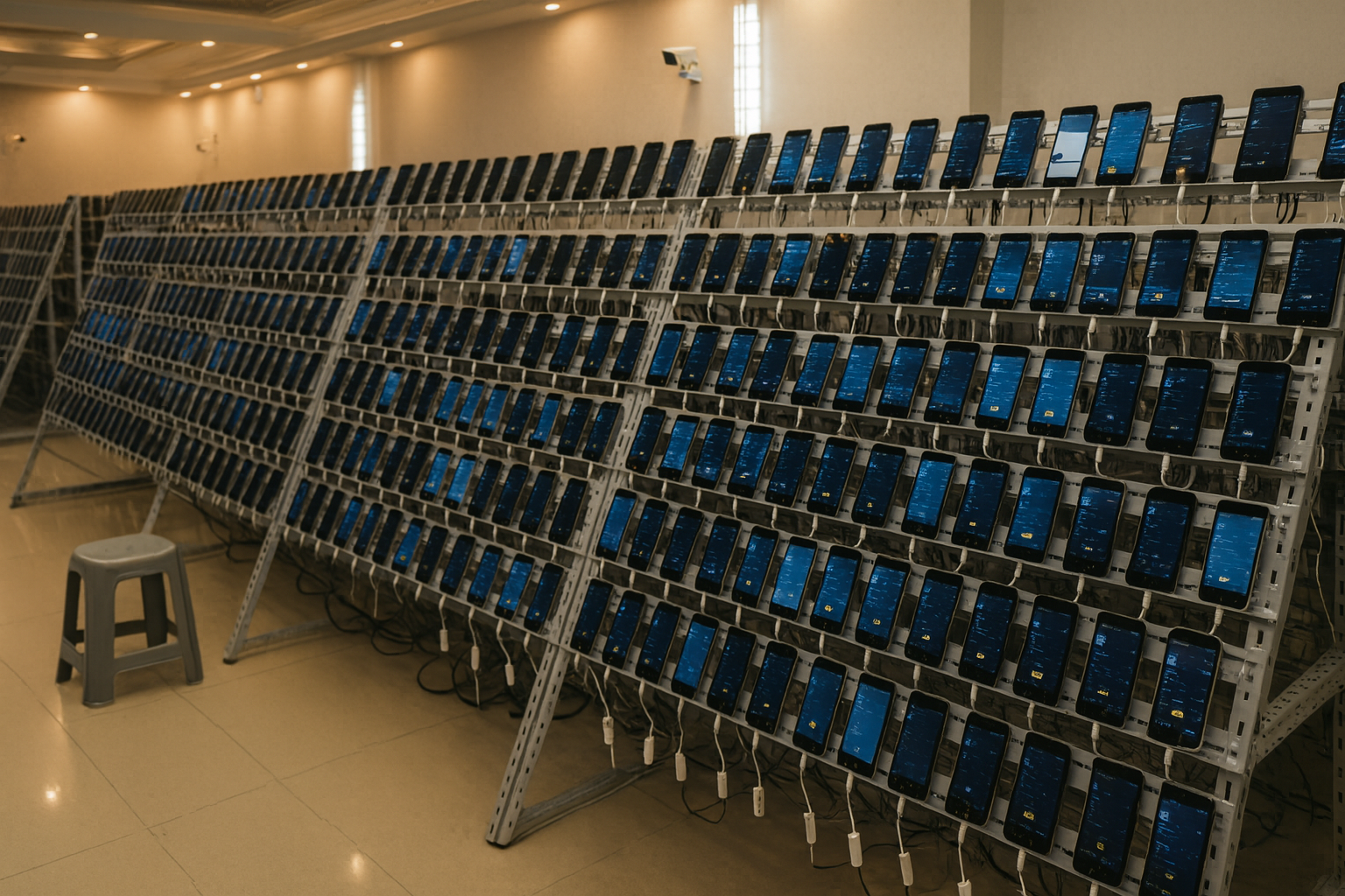 Rows of smartphones mounted on metal racks inside a large indoor room, all connected to charging cables, with screens turned on.
