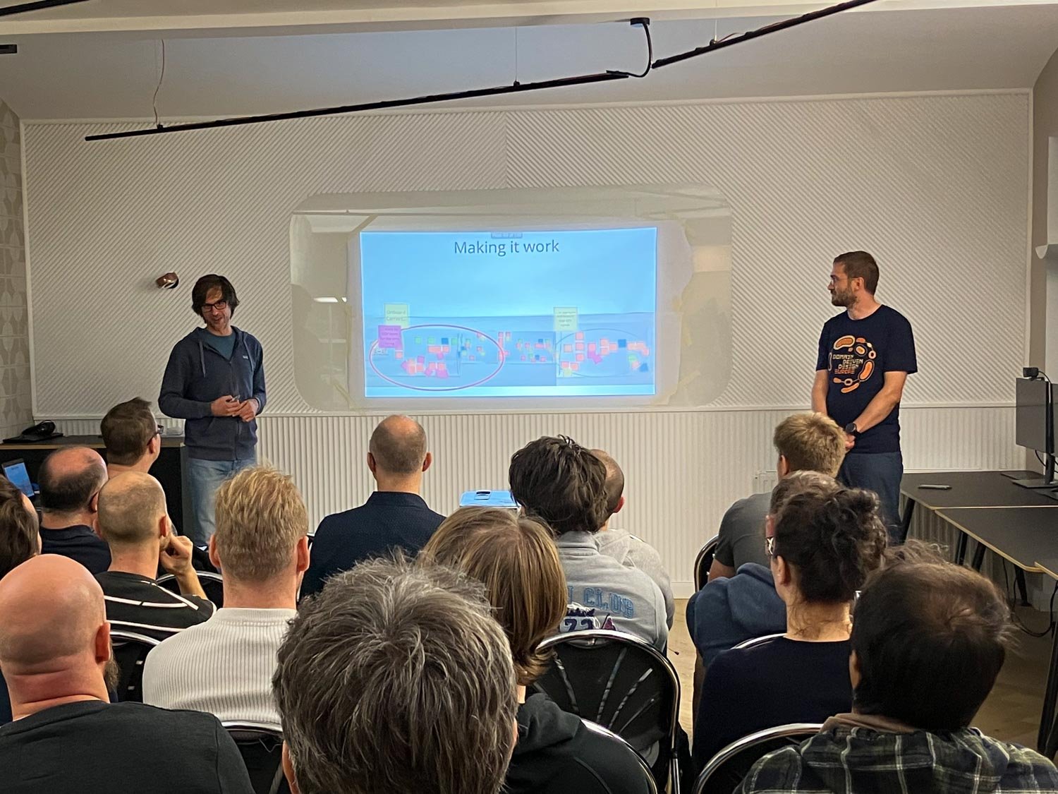 Daniel W and Christian giving a talk at the DDD meetup hosted at Trustbit's Vienna office